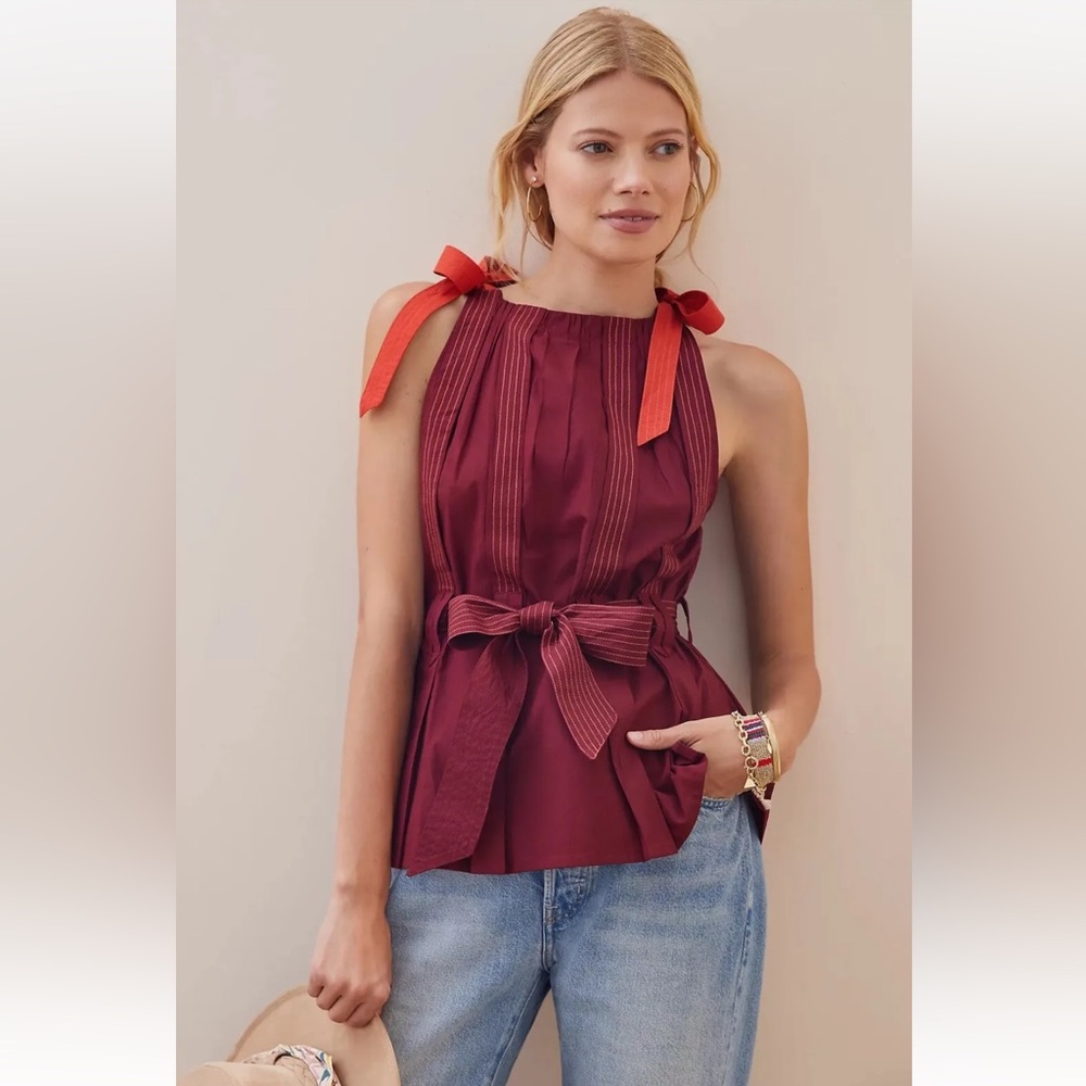 Anthropologie Conditions Apply Burgundy Wine Belted Shoulder Bows Women’s Top